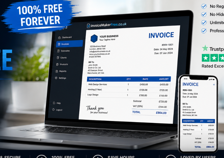 Free invoice maker shown on a laptop and phone — professional PDF invoice preview